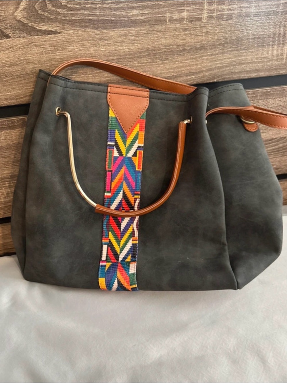 Women’s Gray Tote Bag with Colorful Embroidered Stripe